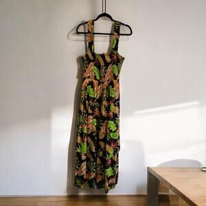 Kings Road Womens Tiered Tropical Midi Dress Smocking Bodice Empire Waist Size L